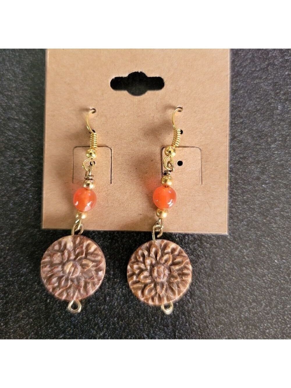 Handmade Gold Orange Dangle Earrings #E157